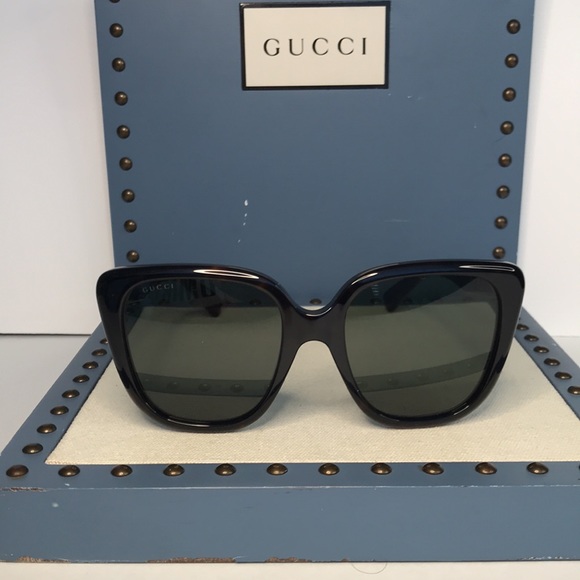 GUCCI GG1169S 003 cat eye sunglass in shiny dark havana frame with green lenses. - Picture 3 of 17
